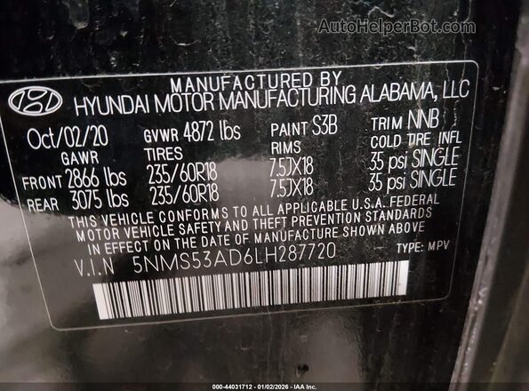 5NMS53AD6LH287720 2020 HYUNDAI SANTA FE Черный Вид подкапотного пространства