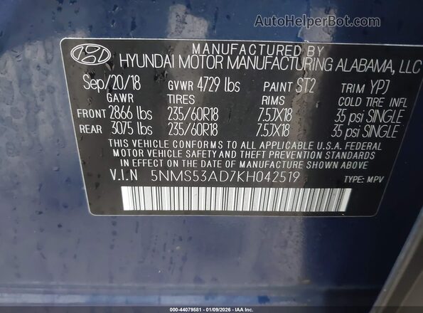5NMS53AD7KH042519 2019 HYUNDAI SANTA FE Синий Вид подкапотного пространства
