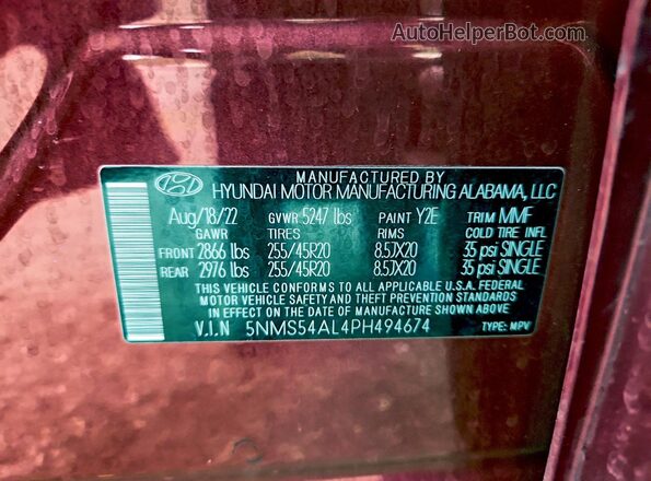 5NMS54AL4PH494674 2023 HYUNDAI SANTA FE CALLIGRAPHY Red Widok naklejki z numerem VIN