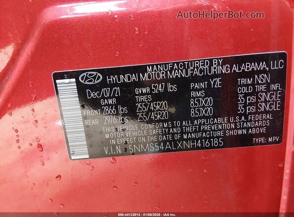 5NMS54ALXNH416185 2022 HYUNDAI SANTA FE CALLIGRAPHY Red ძრავის განყოფილების ხედი
