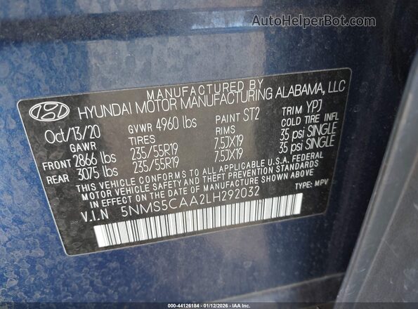 5NMS5CAA2LH292032 2020 HYUNDAI SANTA FE Синий Вид подкапотного пространства