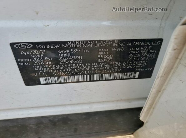 5NMS5DAL0MH358599 2021 HYUNDAI SANTA FE CALLIGRAPHY White Vista de la etiqueta del VIN