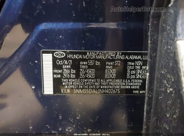 5NMS5DAL1NH402675 2022 HYUNDAI SANTA FE CALLIGRAPHY Blue ძრავის განყოფილების ხედი