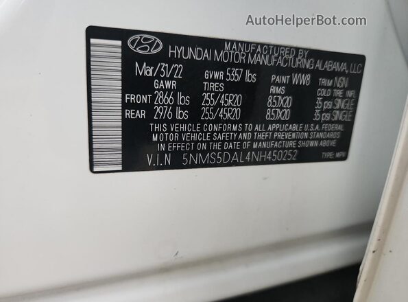 5NMS5DAL4NH450252 2022 HYUNDAI SANTA FE CALLIGRAPHY White VIN კოდის სტიკერის ხედი
