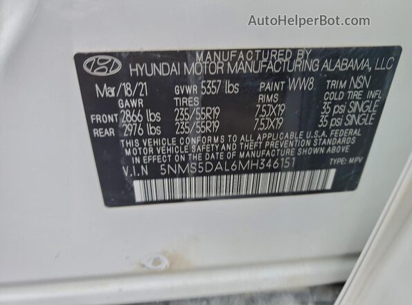 5NMS5DAL6MH346151 2021 HYUNDAI SANTA FE CALLIGRAPHY White Vista de la etiqueta del VIN
