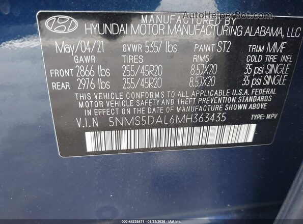 5NMS5DAL6MH363435 2021 HYUNDAI SANTA FE CALLIGRAPHY Синий Вид подкапотного пространства