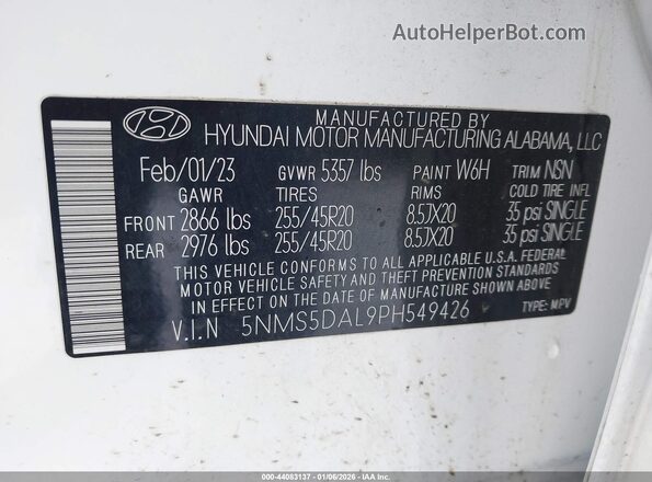 5NMS5DAL9PH549426 2023 HYUNDAI SANTA FE CALLIGRAPHY White Vista del compartimento del motor