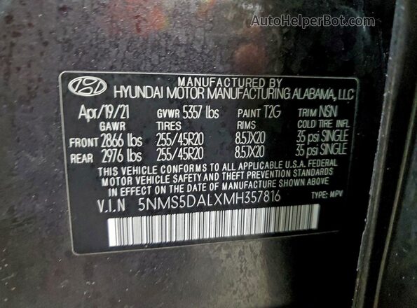 5NMS5DALXMH357816 2021 HYUNDAI SANTA FE CALLIGRAPHY Угольный Вид наклейки с VIN-кодом