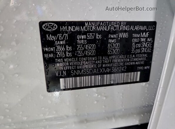 5NMS5DALXMH366242 2021 HYUNDAI SANTA FE CALLIGRAPHY White VIN sticker view