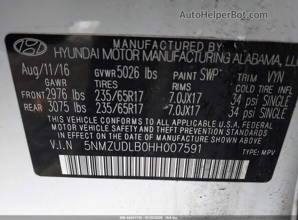 5NMZUDLB0HH007591 2017 HYUNDAI SANTA FE SPORT Белый Вид подкапотного пространства