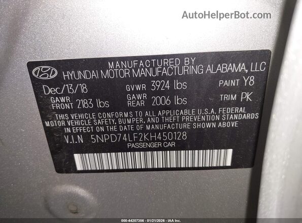 5NPD74LF2KH450128 2019 HYUNDAI ELANTRA Silver ძრავის განყოფილების ხედი