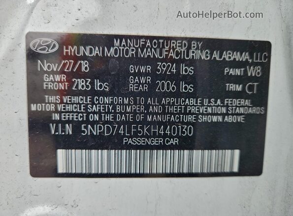 5NPD74LF5KH440130 2019 HYUNDAI ELANTRA White Widok komory silnika