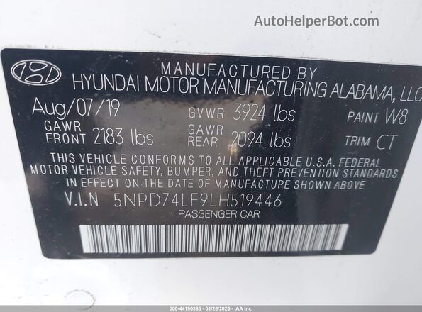 5NPD74LF9LH519446 2020 HYUNDAI ELANTRA White Widok komory silnika