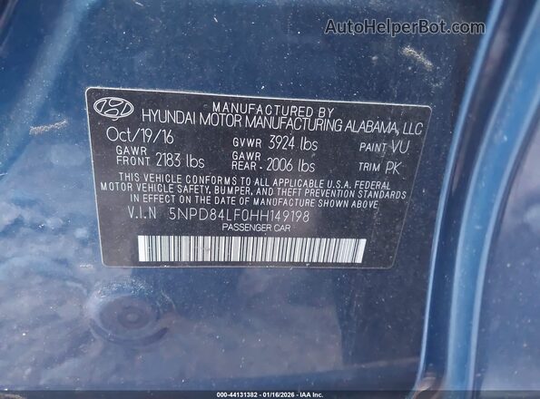 5NPD84LF0HH149198 2017 HYUNDAI ELANTRA Blue Vista del compartimento del motor
