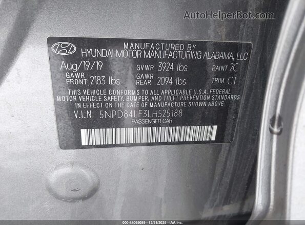 5NPD84LF3LH525188 2020 HYUNDAI ELANTRA Gray Vista del compartimento del motor