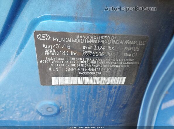5NPD84LF4HH114339 2017 HYUNDAI ELANTRA Синий Вид подкапотного пространства