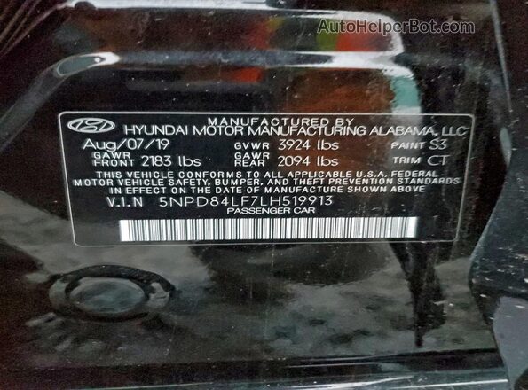 5NPD84LF7LH519913 2020 HYUNDAI ELANTRA Gray Widok naklejki z numerem VIN