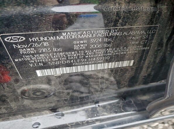 5NPD84LF9KH439110 2019 HYUNDAI ELANTRA Black Widok komory silnika