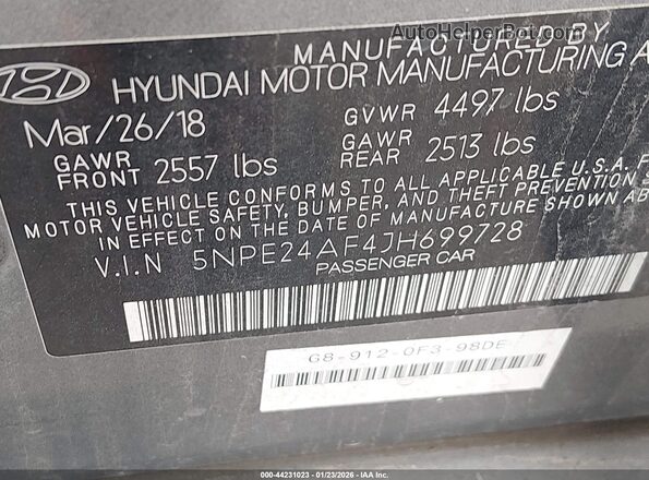 5NPE24AF4JH699728 2018 HYUNDAI SONATA Gray Widok komory silnika