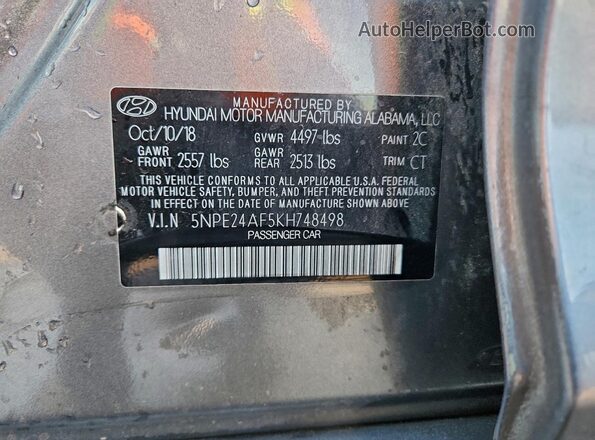 5NPE24AF5KH748498 2019 HYUNDAI SONATA Угольный Вид подкапотного пространства