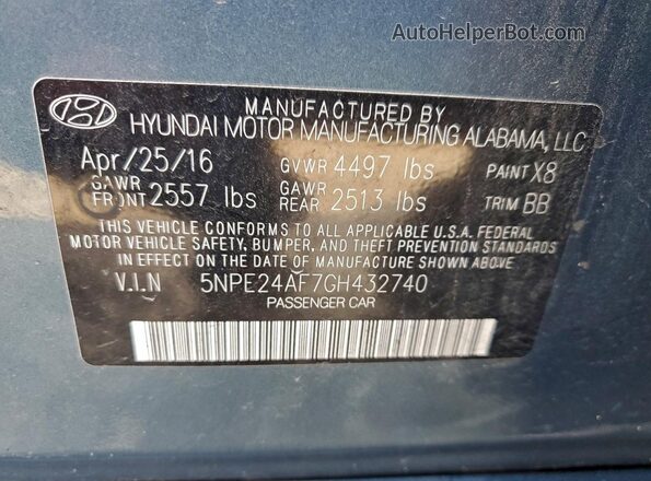 5NPE24AF7GH432740 2016 HYUNDAI SONATA Синий Вид подкапотного пространства