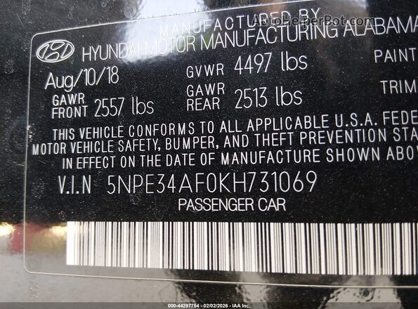 5NPE34AF0KH731069 2019 HYUNDAI SONATA Black Vista del compartimento del motor