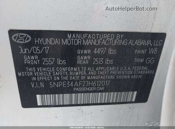 5NPE34AF2JH612017 2018 HYUNDAI SONATA White Widok komory silnika