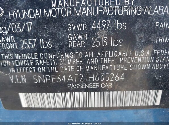 5NPE34AF2JH635264 2018 HYUNDAI SONATA Blue Vista del compartimento del motor