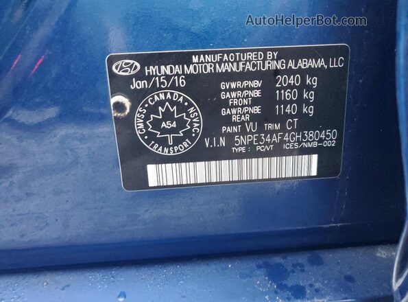 5NPE34AF4GH380450 2016 HYUNDAI SONATA Синий Вид подкапотного пространства