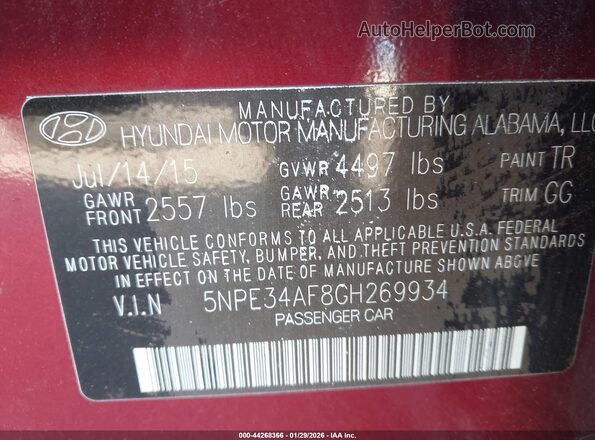 5NPE34AF8GH269934 2016 HYUNDAI SONATA Red Widok komory silnika