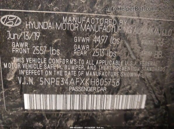 5NPE34AFXKH805758 2019 HYUNDAI SONATA Black Widok komory silnika