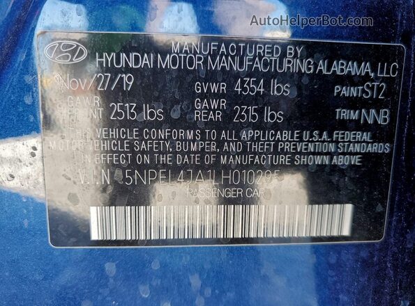 5NPEL4JA1LH010295 2020 HYUNDAI SONATA Синий Вид наклейки с VIN-кодом