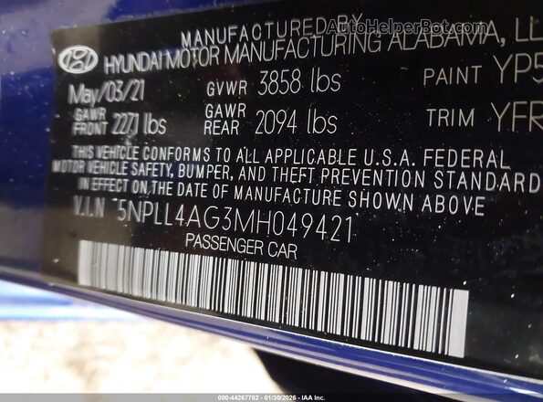 5NPLL4AG3MH049421 2021 HYUNDAI ELANTRA Синий Вид подкапотного пространства