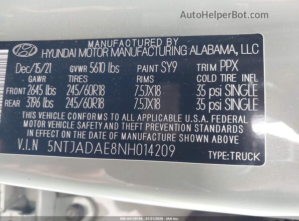 5NTJADAE8NH014209 2022 HYUNDAI SANTA CRUZ Green ძრავის განყოფილების ხედი