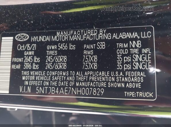 5NTJB4AE7NH007829 2022 HYUNDAI SANTA CRUZ Черный Вид подкапотного пространства