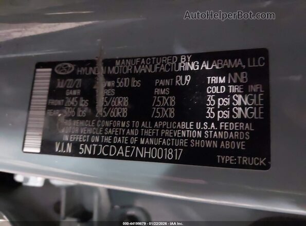 5NTJCDAE7NH001817 2022 HYUNDAI SANTA CRUZ Light Blue Widok komory silnika