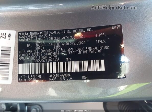 5TDACAB57TS075435 2026 TOYOTA LIMITED Серый Вид подкапотного пространства