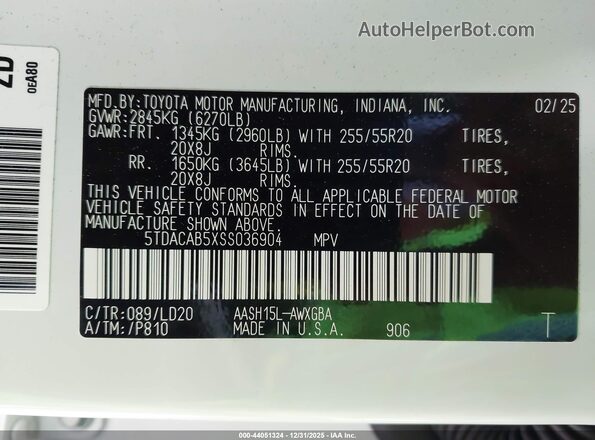 5TDACAB5XSS036904 2025 TOYOTA HIGHLANDER HYBRID White Widok komory silnika