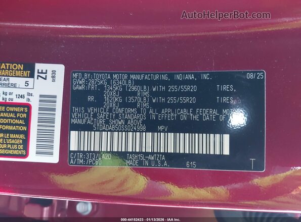5TDADAB50SS024998 2025 TOYOTA HIGHLANDER HYBRID Red Вид підкапотного простору