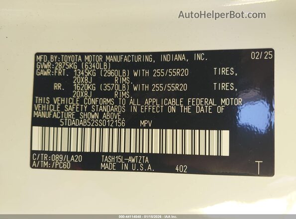 5TDADAB52SS012156 2025 TOYOTA HIGHLANDER HYBRID White Вид підкапотного простору