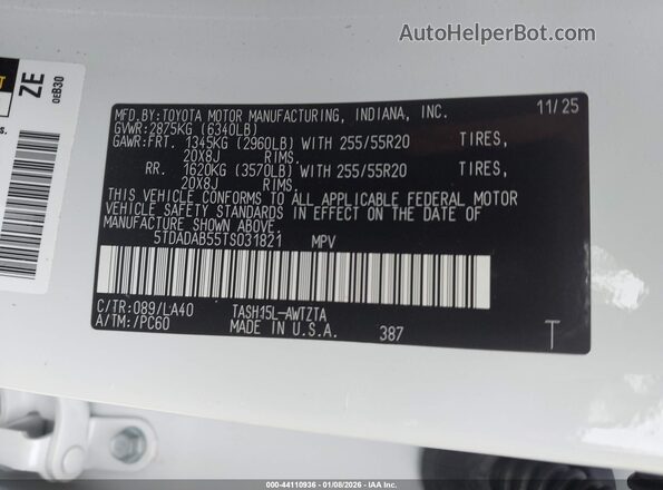 5TDADAB55TS031821 2026 TOYOTA HIGHLANDER HYBRID White Vista del compartimento del motor