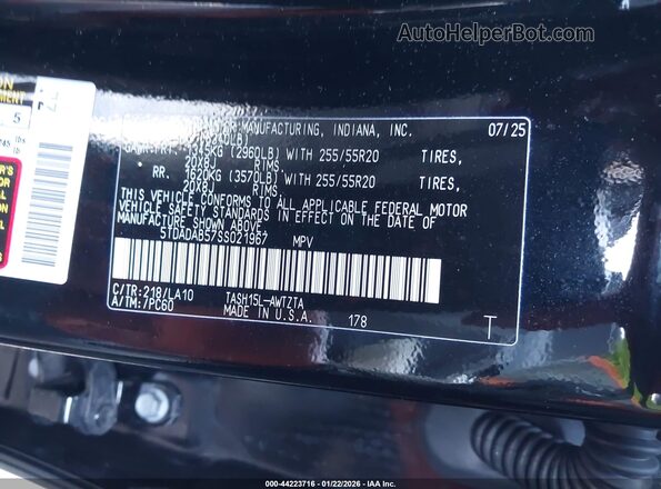 5TDADAB57SS021967 2025 TOYOTA HIGHLANDER HYBRID Black Вид підкапотного простору