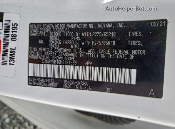 5TDAY5B18MS184588 2021 TOYOTA SEQUOIA Белый Вид наклейки с VIN-кодом