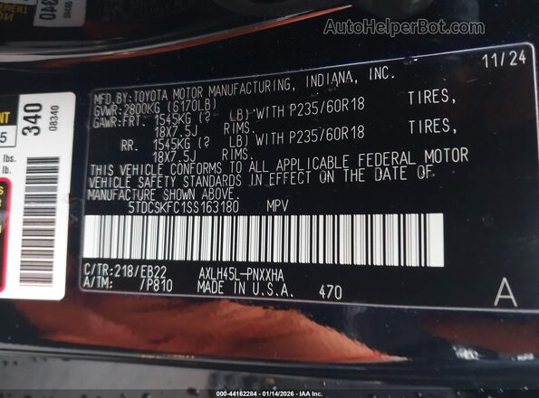 5TDCSKFC1SS163180 2025 TOYOTA SIENNA Черный Вид подкапотного пространства