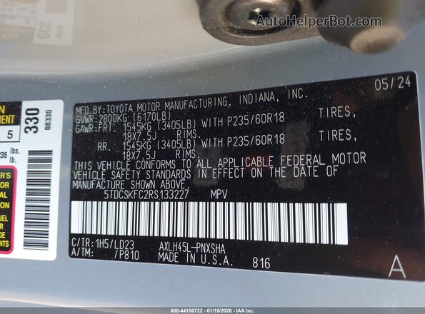 5TDCSKFC2RS133227 2024 TOYOTA SIENNA Серый Вид подкапотного пространства