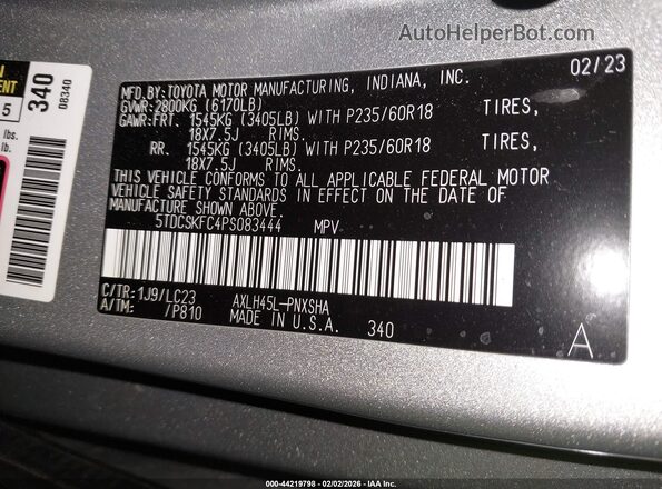 5TDCSKFC4PS083444 2023 TOYOTA SIENNA Silver Вид підкапотного простору