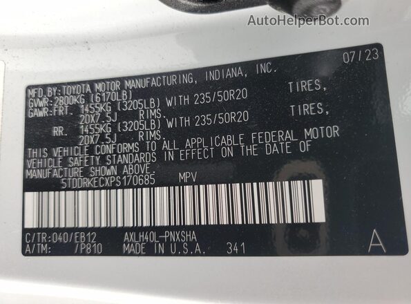 5TDDRKECXPS170685 2023 TOYOTA SIENNA Белый Панорамный вид салона 360°