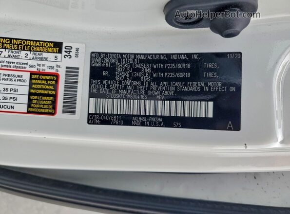 5TDDSKFC1MS004165 2021 TOYOTA SIENNA Белый Вид наклейки с VIN-кодом