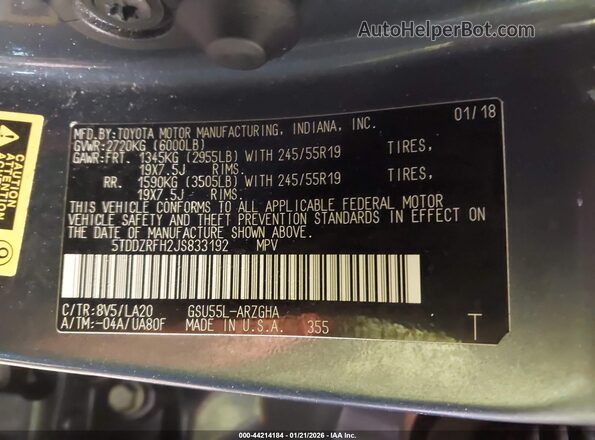 5TDDZRFH2JS833192 2018 TOYOTA LIMITED Blue Engine compartment view