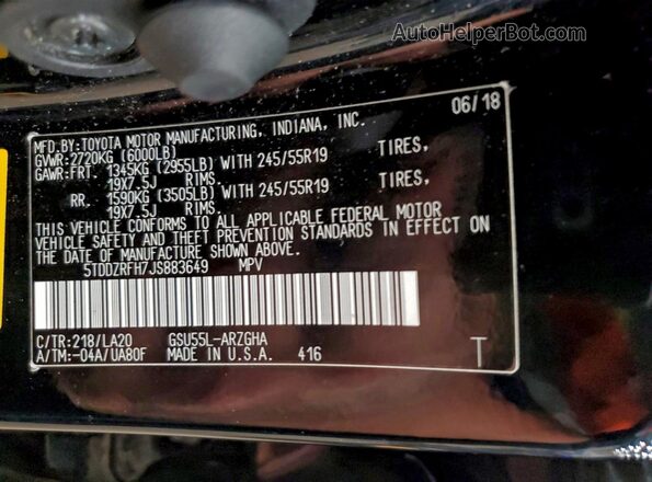 5TDDZRFH7JS883649 2018 TOYOTA LIMITED Черный Вид наклейки с VIN-кодом